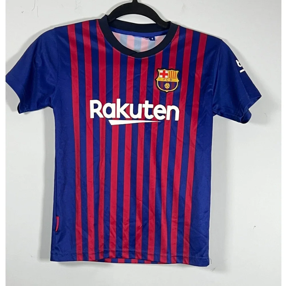 Messi Navy Blue Maroon Red Kids Stripped Soccer Short Sleeve Shirt Unisex Size 8